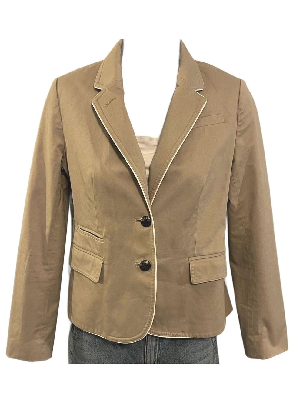 Banana Republic Khaki Blazer Contrast Piping Preppy Academic Trench Coat 2P